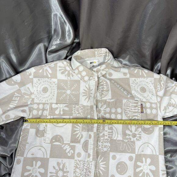 Smiley X H&M Womens XS Oversized Denim Shacket Shirt Beige White Button Up Smile - Picture 8 of 14